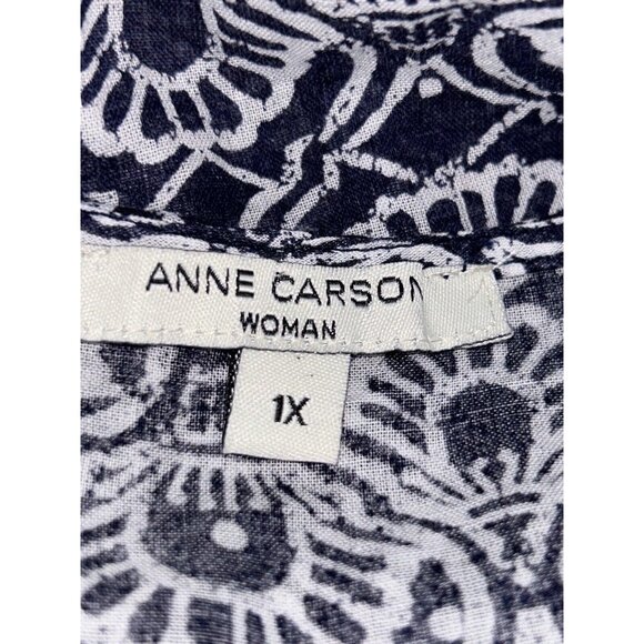 Anne Carson Sz PLUS 1X Tunic Blouse Boho Navy Blue Cotton 3/4 Sleeve Geo VGUC - Picture 8 of 12